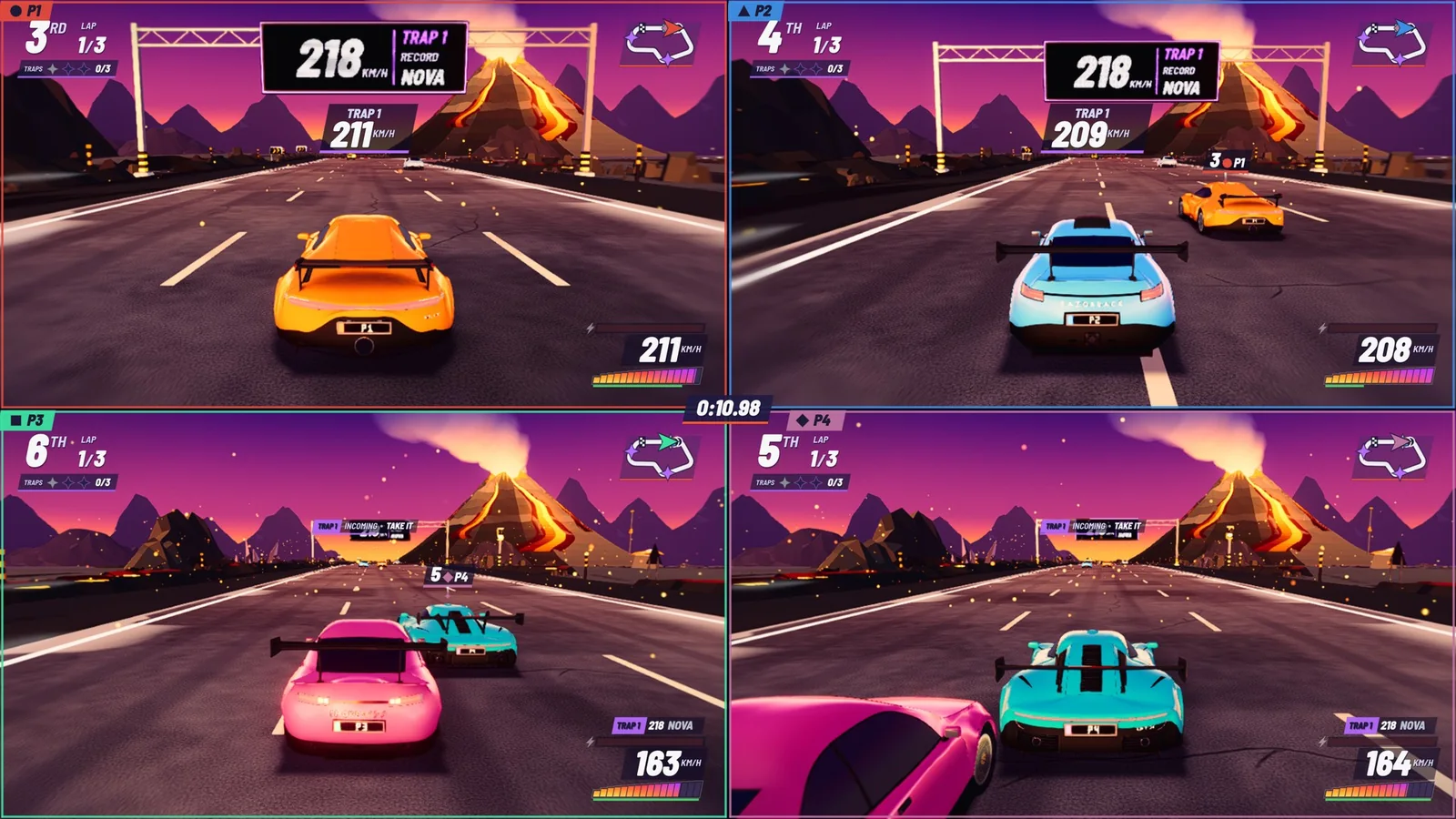 Four players racing in split screen on Ashfall, each with their own car and colour